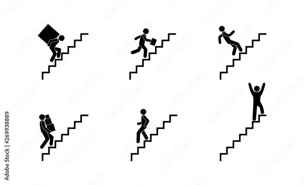 people climb the stairs, various icons, stick figures man pictogram