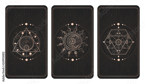 Vector set of three dark backgrounds with geometric symbols, grunge textures and frames.