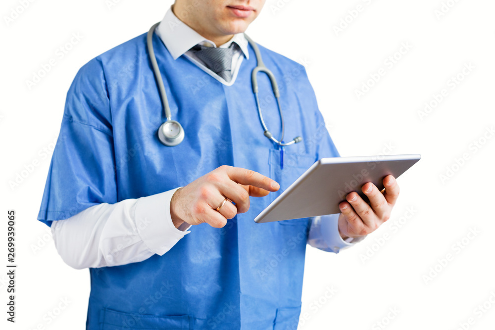 Doctor using technology, isolated on white background Doctor using technology, isolated on white background