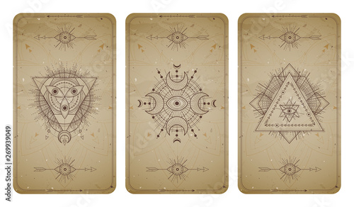 Vector set of three vintage backgrounds with geometric symbols and frames. Abstract geometric symbols and sacred mystic signs drawn in lines.