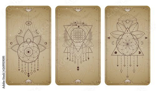 Vector set of three vintage backgrounds with geometric symbols and frames. Abstract geometric symbols and sacred mystic signs drawn in lines.