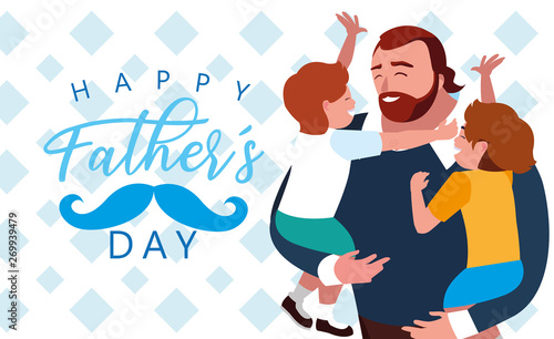 happy father day card with dad and children