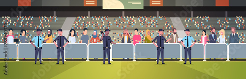 mix race police officers group controlling fans crowd on sport stadium arena at football match championship safety support concept flat horizontal full length