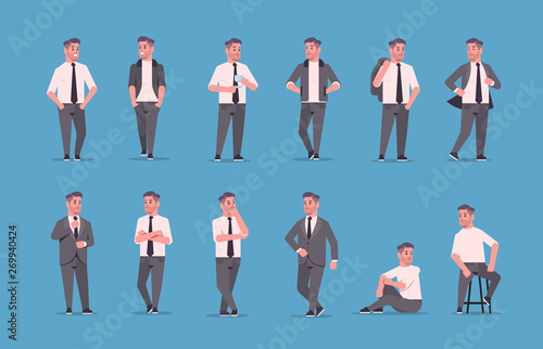 set businessmen in formal wear standing different poses smiling male cartoon characters business men office workers posing collection flat full length horizontal