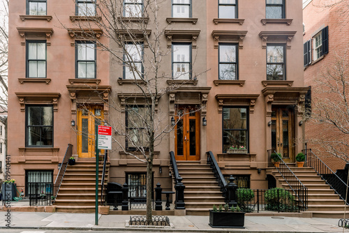 Brownstone facades & row houses  in an iconic neighborhood of Brooklyn Heights in New York City