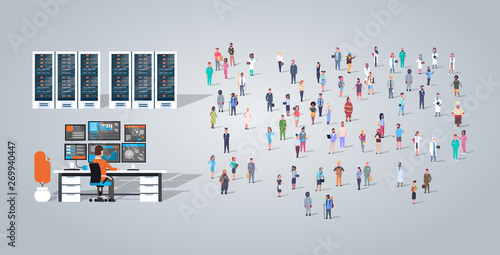 man working in data center over people group different occupation employees mix race workers crowd hosting server computer monitoring database concept horizontal full length flat