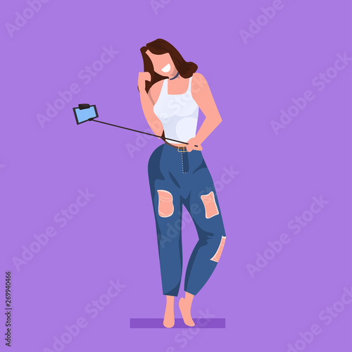 casual woman selfie stick girl taking photo on smartphone camera young female cartoon character posing flat full length