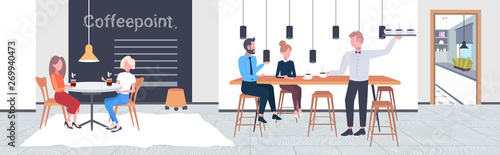 people drinking coffee waiter serving beverages to couple clients coffeepoint concept modern cafe interior flat horizontal banner full length