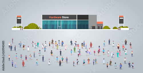 people group in front of hardware store building different occupation employees mix race workers crowd illustration