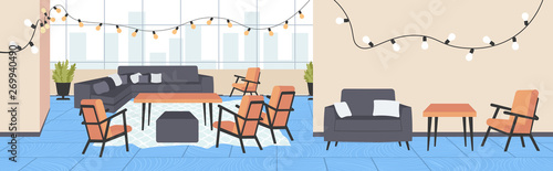 modern cafe interior empty no people restaurant with furniture and christmas decoration lights flat horizontal banner