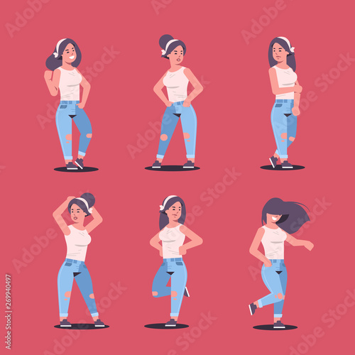 set young women group in casual clothes standing different poses smiling female cartoon characters collection girls posing on red background flat full length