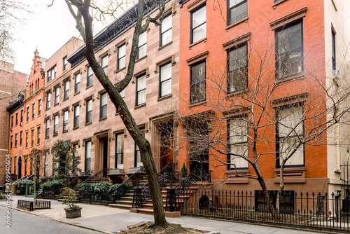 Brownstone facades & row houses  in an iconic neighborhood of Brooklyn Heights in New York City