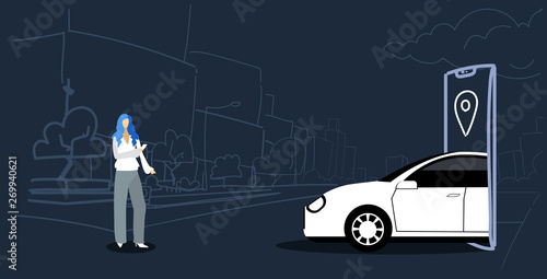 woman using mobile carsharing application online ordering taxi car sharing concept transportation service vehicle from smartphone screen modern city street cityscape background sketch horizontal