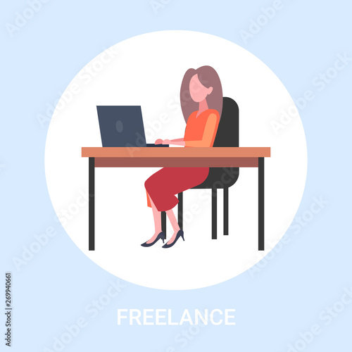 businesswoman freelancer sitting at workplace business woman using laptop working process freelance concept female cartoon character concept flat full length