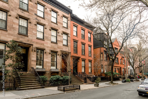 Brownstone facades   row houses  in an iconic neighborhood of Brooklyn Heights in New York City