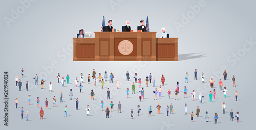 law process with judge lawyer and procurator with people group different occupation employees mix race workers crowd court session concept horizontal full length flat