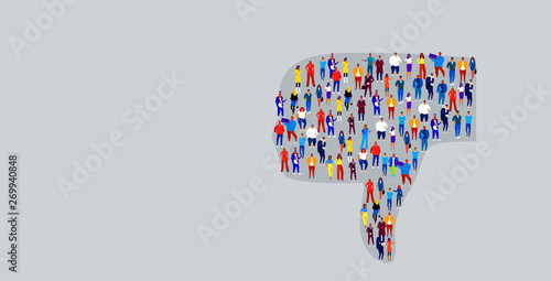 big crowd of businesspeople in thumb down dislike shape business people standing together feedback social media community concept horizontal