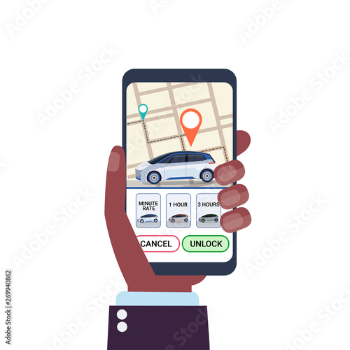 human hand using online ordering taxi car sharing mobile application concept smartphone screen with gps map transportation carsharing service carpooling app