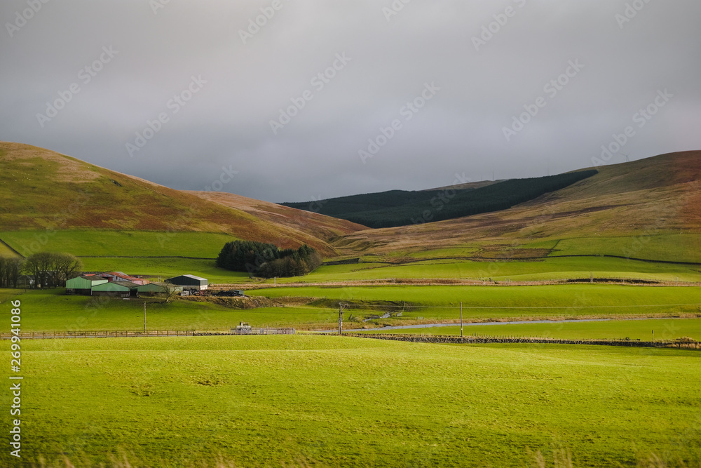 Scottish landscape with green field and mountains