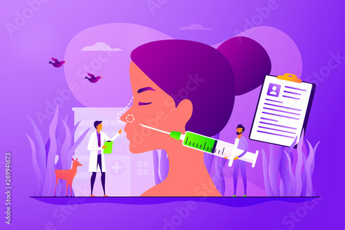 Woman flat vector character making nasal reconstruction surgery. Beauty industry. Rhinoplasty, nose correction procedure, surgical rhinoplasty concept. Vector isolated concept creative illustration