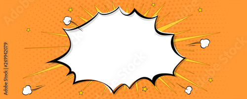 Comic speech bubble on pop art abstract background with sunbeams and halftone dotted effect. Retro frame with yellow explosion rays. Comic book cover for history of Superhero. Vector illustration