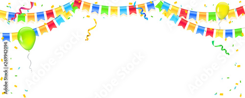 Vector banner with streamers, confetti and garlands of multi colored hanging flags. White background for birthday, carnival, celebration, anniversary and holiday party. Colorful explode of confetti