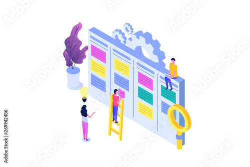 Scrum or canban task board isometric concept. Notes for agile software development. Vector illustration.