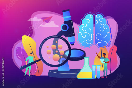 Tiny people scientists study microorganisms through magnifier. Microbiological technology, medical microbiology, biotechnology science concept. Bright vibrant violet vector isolated illustration