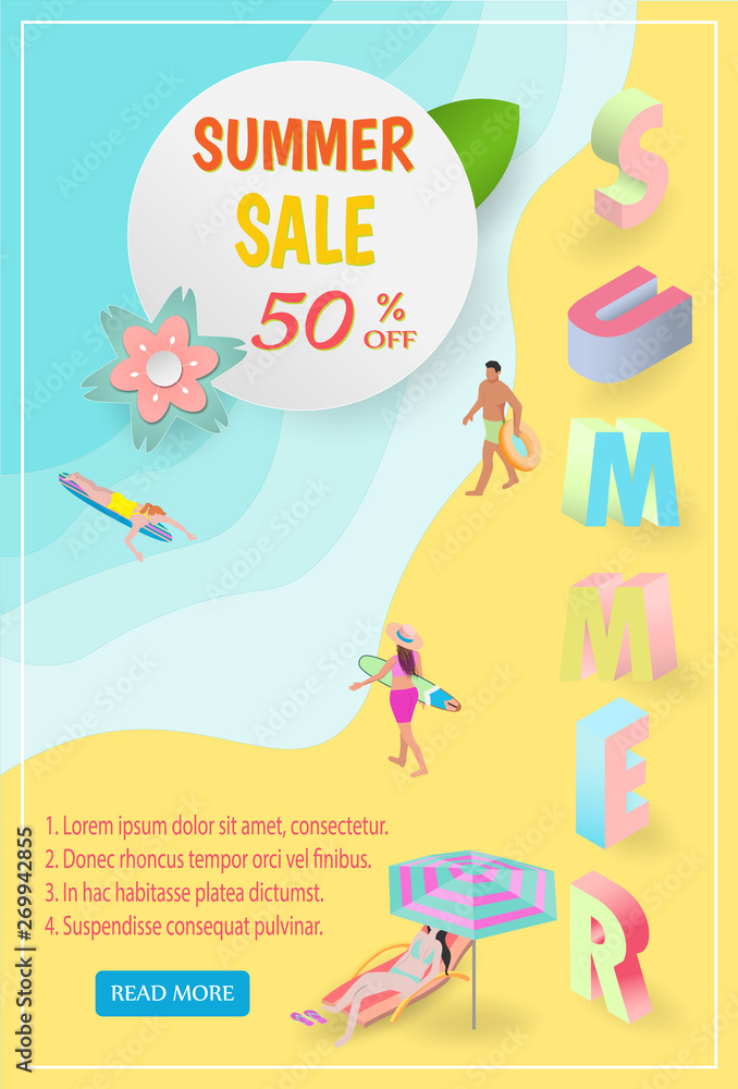Summer vacation ads template with people in summer, girls in bathing suits, sand, sea, beach, big letters, beach summer accessories. isometric illustration - Vector 