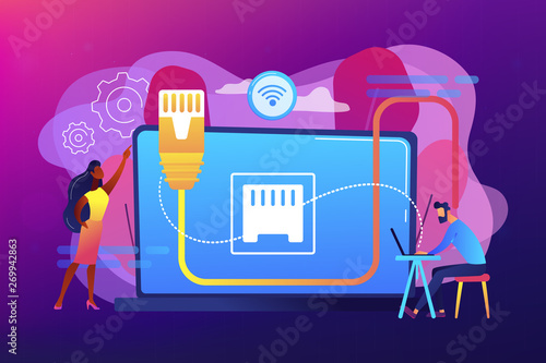 Businessman at table using laptop with ethernet connection. Ethernet connection, LAN connection technology, ethernet network system concept. Bright vibrant violet vector isolated illustration