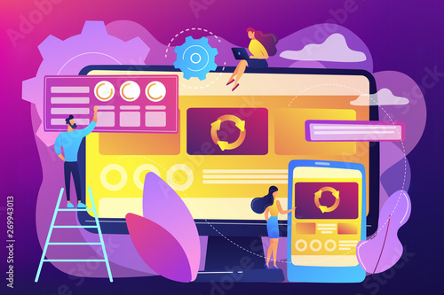 Developers at computer and smartphone working on single page app, tiny people. Single page application, SPA web page, web development trend concept. Bright vibrant violet vector isolated illustration