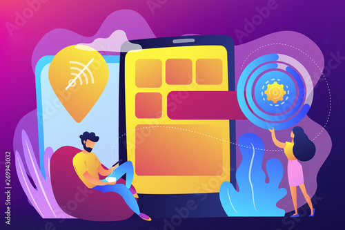 Developer working on web app on smartphone, user offline, tiny people. Progressive web app, working offline web, PWA application development concept. Bright vibrant violet vector isolated illustration