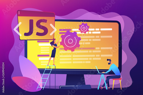 Programmers using JavaScript programming language on computer, tiny people. JavaScript language, JavaScript engine, JS web development concept. Bright vibrant violet vector isolated illustration