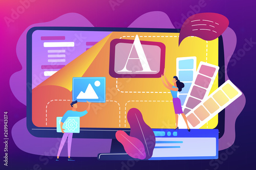 Programmers at computer using low code platform on computer, tiny people. Low code development, low code platform, LCDP easy coding concept. Bright vibrant violet vector isolated illustration