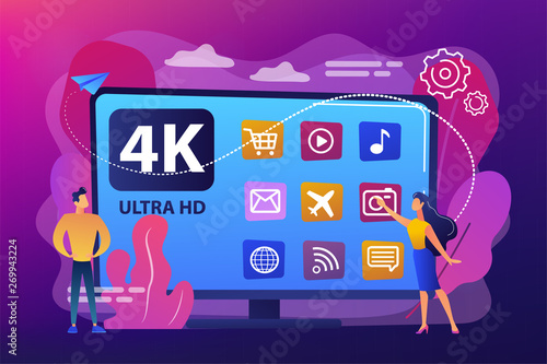 Tiny business people watching modern ultra hd smart television. UHD smart TV, ultra high definition, 4k 8k display technology concept. Bright vibrant violet vector isolated illustration