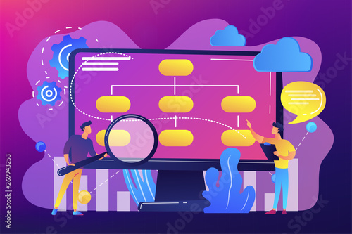 Tiny people analyst and data scientist working with data. Data driven business model, comprehensive data strategies, new economic model concept. Bright vibrant violet vector isolated illustration