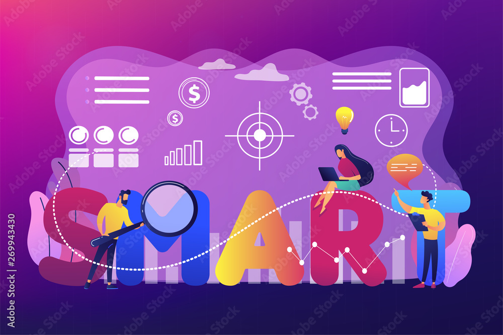 Tiny business people working on goals and sitting on smart word. SMART Objectives, objective establishment, measurable goals development concept. Bright vibrant violet vector isolated illustration
