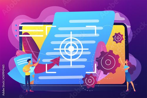 Tiny people project managers work on vision and scope document. Vision and scope document, project main plan, project management document concept. Bright vibrant violet vector isolated illustration
