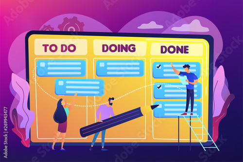 Tiny business people and manager at tasks and goals accomplishment chart. Task management, project managers tool, task management software concept. Bright vibrant violet vector isolated illustration