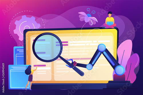 Laptop and software assisting in testing process, tiny people testers. Automated testing, automotive executed test, software auto tester concept. Bright vibrant violet vector isolated illustration