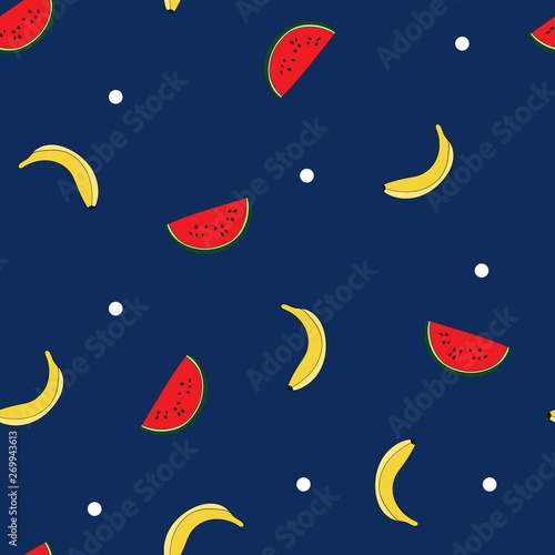 Seamless repeat pattern with small tossed watermelon slices, bananas and polka dots on a navy background