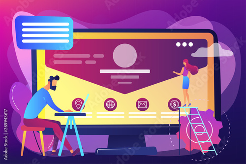 Web developer working on company website, tiny people. Corporate website, official company website, online business representation concept. Bright vibrant violet vector isolated illustration