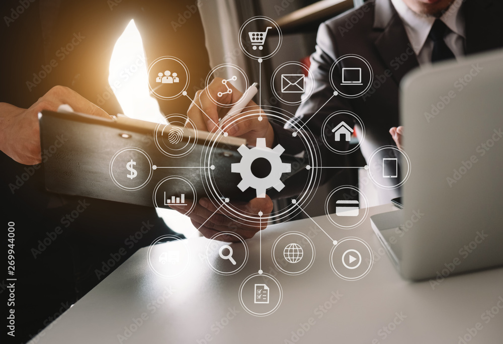 Fototapeta premium Seo Optimization for website with mobile website and Landing page virtual diagram.business teamwork are meeting in modern office.