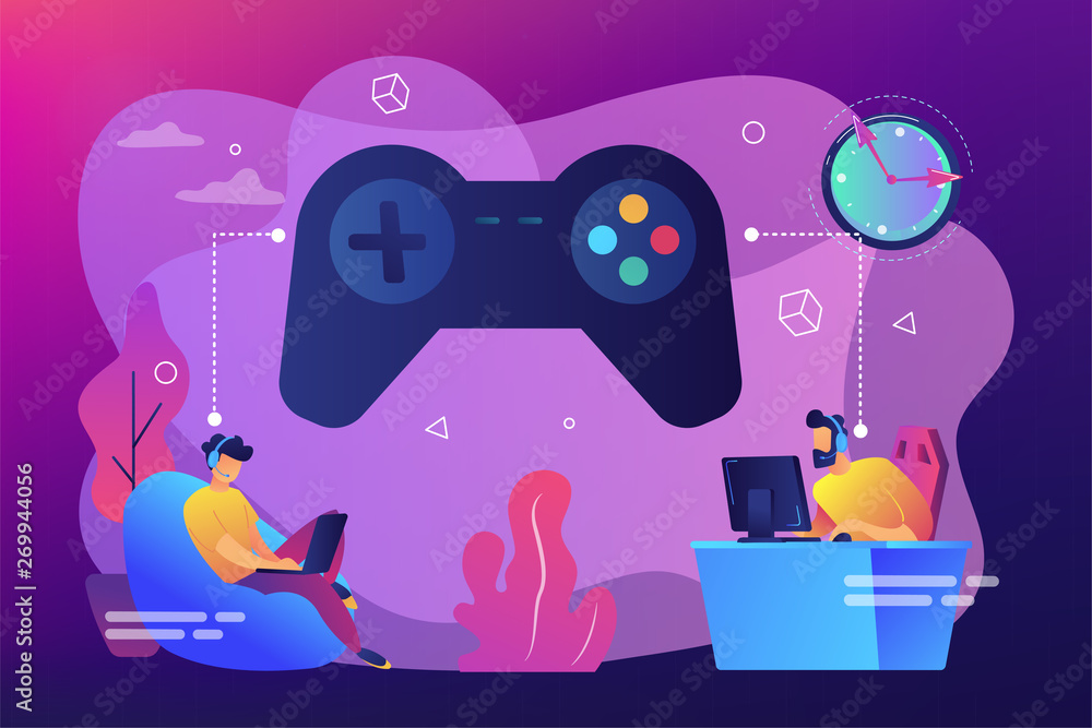 Tiny people gamers playing online video game, huge joystick and clock.  Gaming disorder, video gaming addiction, decreased attention span concept.  Bright vibrant violet vector isolated illustration Stock Vector | Adobe  Stock