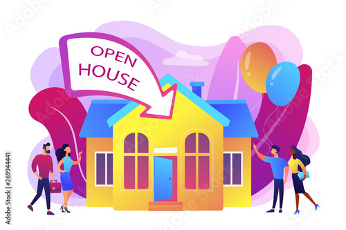 People going to housewarming party flat characters. Open house, open for inspection property, welcome to your new home, real estate service concept. Bright vibrant violet vector isolated illustration