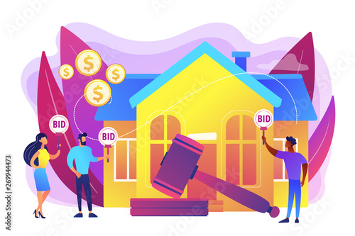 Property buying and selling. Auction house, exclusive bids here, consecutive biddings processing, business that runs auctions concept. Bright vibrant violet vector isolated illustration