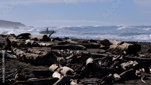 early morning winter California beach scene with large pile of driftwood in foreground and surfer waiting for opportunity to paddle out in the background as surf rolls in