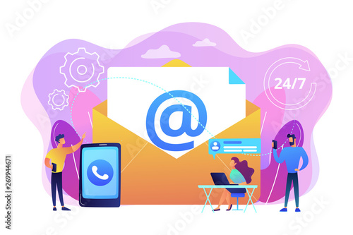 Email marketing, Internet chatting, 24 hours support. Get in touch, initiate contact, contact us, feedback online form, talk to customers concept. Bright vibrant violet vector isolated illustration