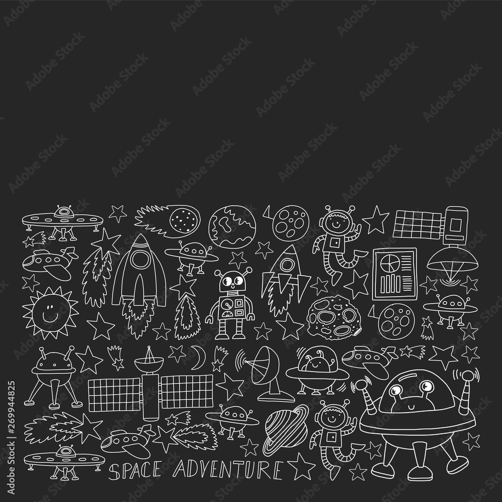 Vector set of space elements icons in doodle style. Painted, black monochrome, chalk pictures on a blackboard. Vector set of space elements icons in doodle style. Painted, black monochrome, chalk pictures on a blackboard.
