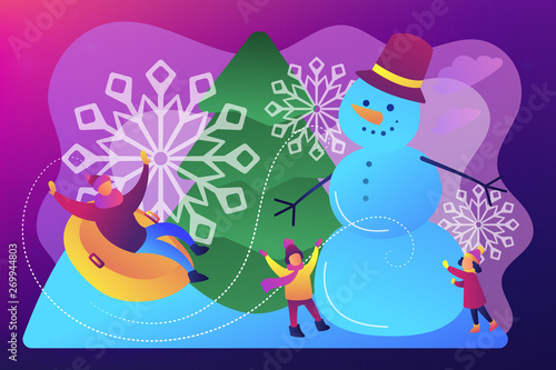 Happy people having fun outdoor in winter sledding and making snowman. Winter outdoor fun, building a snowman, snowball fight and sledding concept.Bright vibrant violet vector isolated illustration